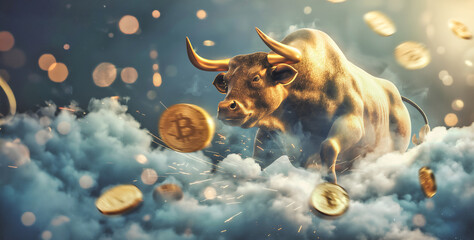Bitcoin bull market concept with golden bull in clouds and bitcoin coins illustration - 772200203