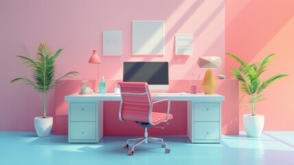 Stylish minimalist home office with a pink and blue color scheme
