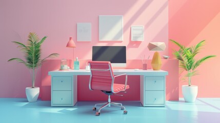 Fototapeta premium Stylish minimalist home office with a pink and blue color scheme 