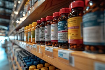 A pharmacy shelf stocked with various medications for different ailments - obrazy, fototapety, plakaty