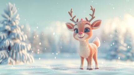 Cute cartoon reindeer standing in snowy winter landscape with fir trees