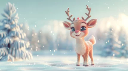 Papier Peint photo Chambre denfants Cute cartoon reindeer standing in snowy winter landscape with fir trees