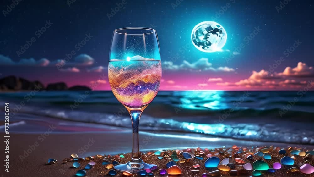 Wall mural A glass of champagne on the background of a night landscape