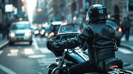 Motorcyclist Riding Through Urban Streetscape
