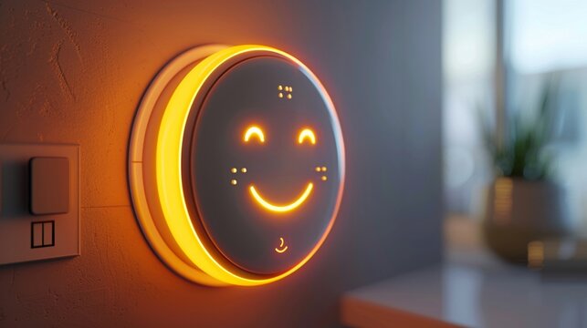rendered home thermostat with a happy glowing face that changes expression based on the temperature