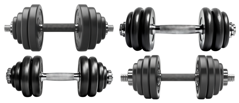 Set of black rubber metal dumbbells, cut out