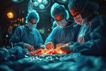 A surgeon performing a complex organ transplant surgery in an operating room - obrazy, fototapety, plakaty