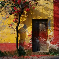 A Tree With Red Flowers In Front of A Yellow Building 