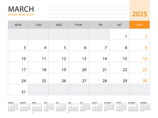 Calendar 2025 template vector on orange background, March 2025, week start on monday, Desk calendar 2025 year, Wall calendar design, corporate planner template, Stationery, organizer diary, vector