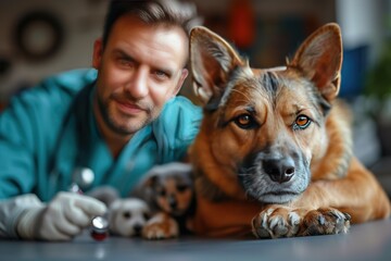 A veterinarian conducting wellness checkups and vaccinations for pets in a clinic - obrazy, fototapety, plakaty