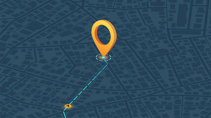 Navigation system showing tracking navigation in progress on the streets. Track navigation pin on street maps, navigate mapping locate position pin. Vector illustration