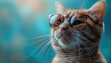 A cute ginger cat wearing sunglasses, blue background, high definition photography style. Created with Ai