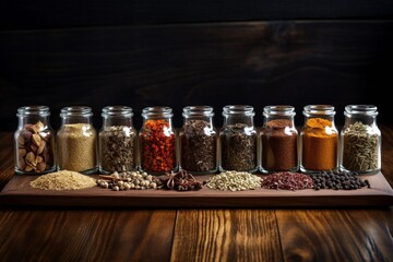Transparent jars of spices on a wooden table are displayed in a row, on a dark background. - 772203235