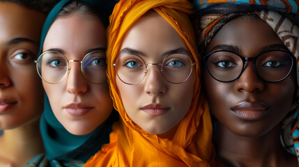 Four women wearing glasses and headscarves, human face, beauty, female, young woman
