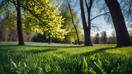 Colorful flower and grass landscape background, Beautifully blurred background image of spring nature with a neatly trimmed lawn surrounded by trees against a blue sky with clouds on a sunlight - obrazy, fototapety, plakaty
