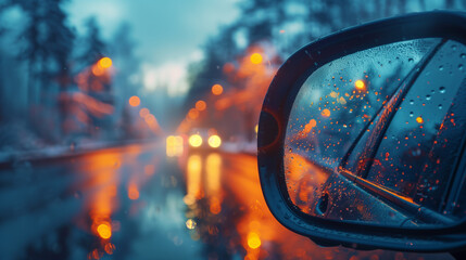Car mirror in rain, reflection, dusk, driving, dark - obrazy, fototapety, plakaty