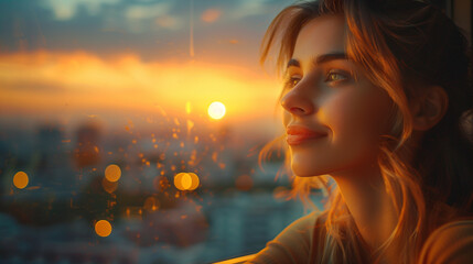 Woman looking out window at sunset, smiling, lifestyle, portrait