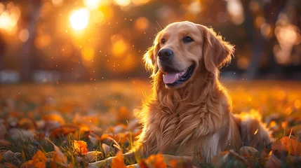 Foto op Plexiglas Golden retriever in autumn, domestic animals, yellow, mammal © antkevyv