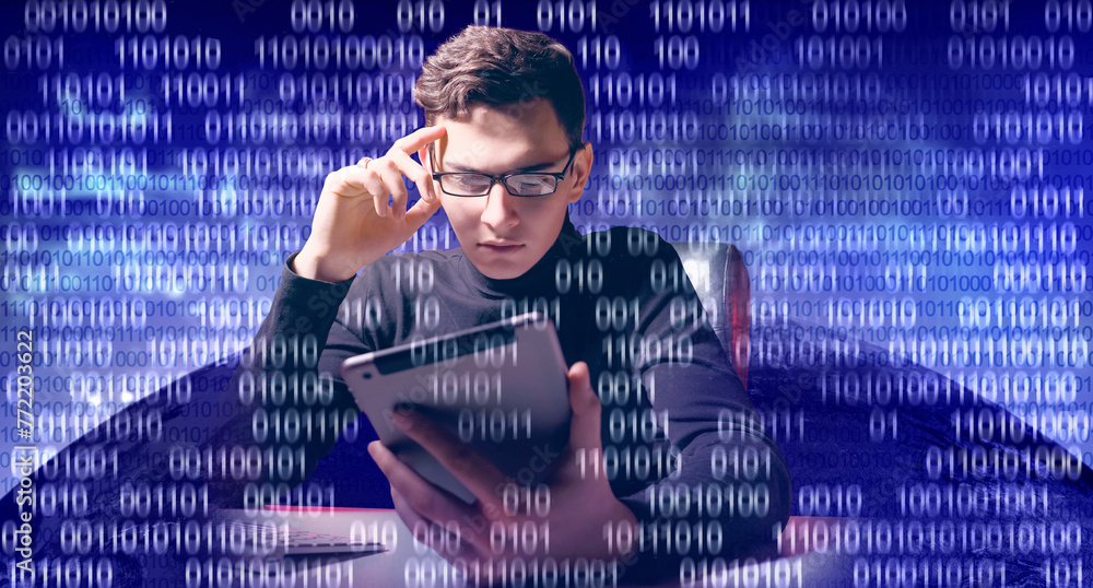 Poster man is programmer. guy is software architect. man with tablet computer. thoughtful programmer among 