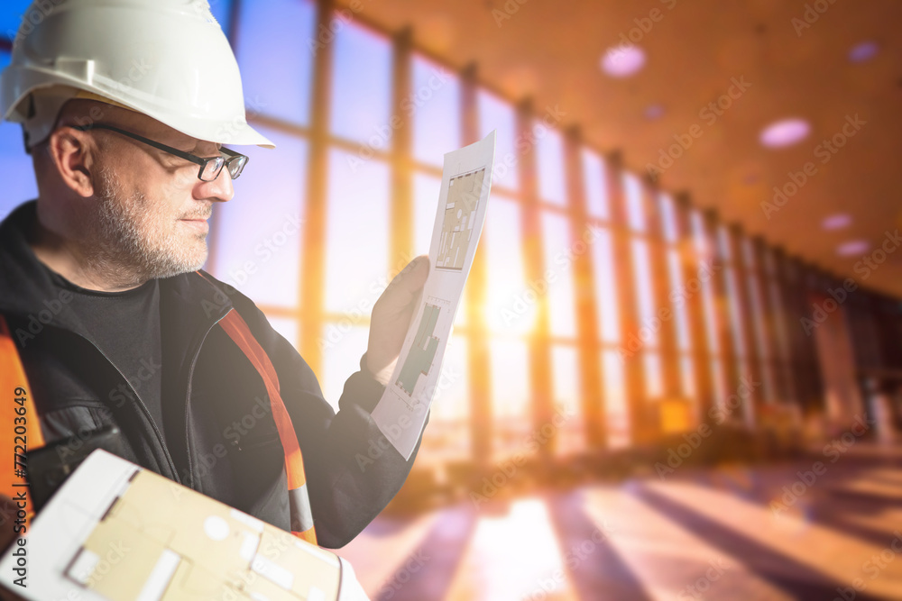 Poster man builder. engineer with architectural drawings. builder stands in blurred building. man architect