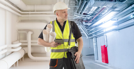Man engineer. Worker with drawings stands in basement. Choosing method for placing utilities....
