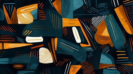 A seamless pattern of irregular geometric shapes, their surfaces adorned with textured strokes and hand-drawn lines, interplay between acute angles and organic shapes - obrazy, fototapety, plakaty