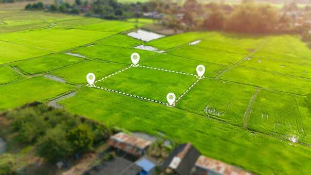 green land area aerial view management location by GPS position system. Property development technology.