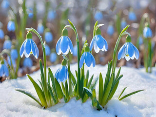  Delicate, beautiful, blue snowdrop flowers are the first to appear from under the snow in spring.