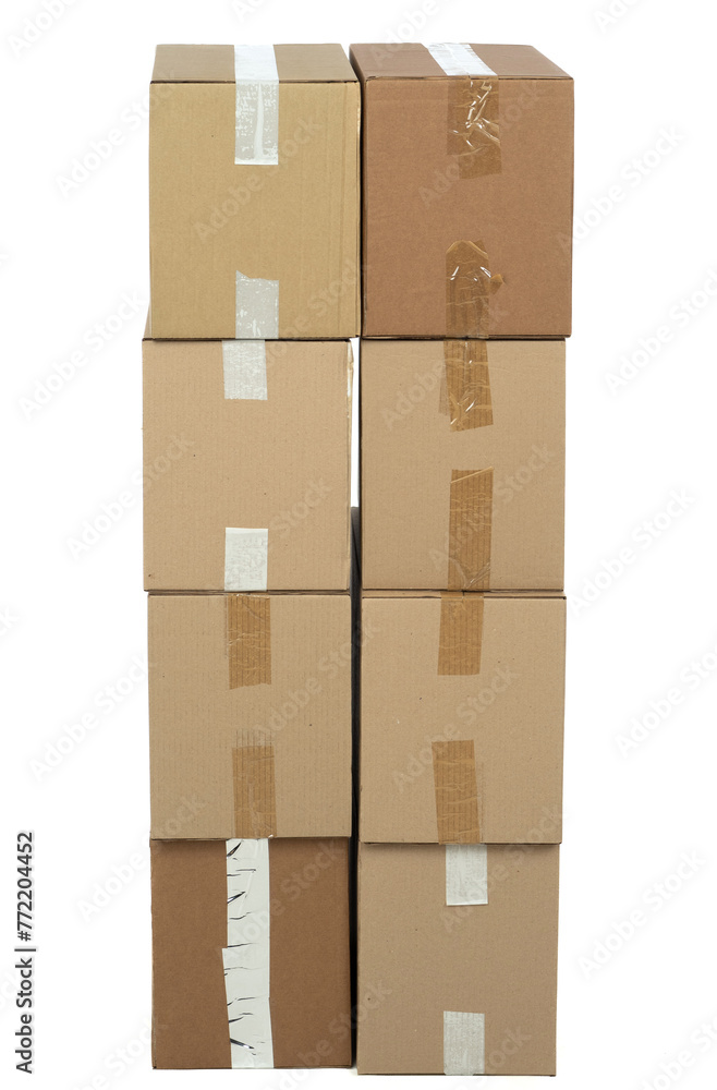 Poster stack of boxes. cardboard containers with traces of tape. several boxes on top of each other. stack 