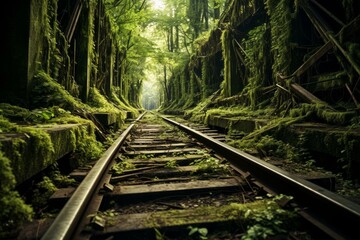 Enchanting Railroad forest train sunset. Scenery aerial. Generate Ai