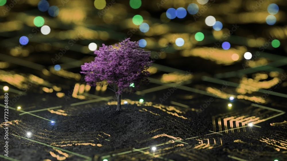 Poster this stock motion graphics video shows a futuristic digital glowing wall and trees with neon frame s