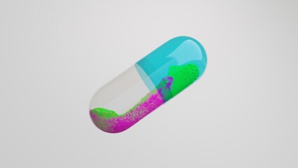 3D capsule with vibrant particles, clear and cyan casing on a bright backdrop.