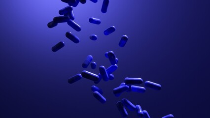 A stream of blue medicinal capsules pouring onto a matching background, illustrating an overdose concept linked to the pharmaceutical industry.