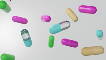 Colorful 3D capsules floating on a light background.