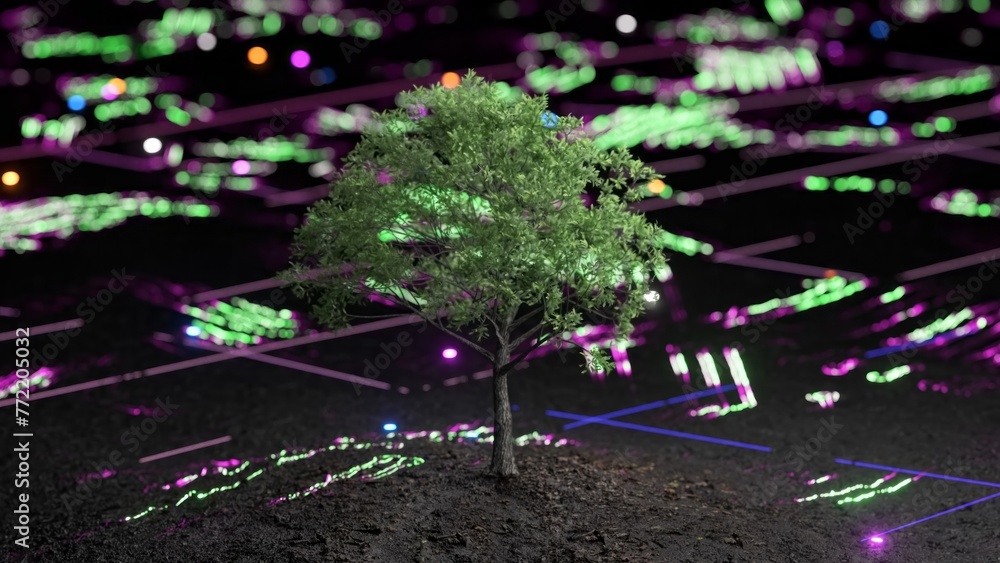 Poster this stock motion graphics video shows a futuristic digital glowing wall and trees with neon frame s