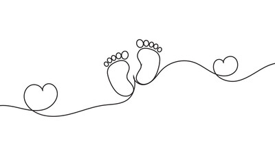 Tiny foots. Baby footprint. One single line drawing of feets isolated on white background. Beautiful hand draw design vector illustration for posters, wall art, tote bag, mobile case, t-shirt, Logo. 