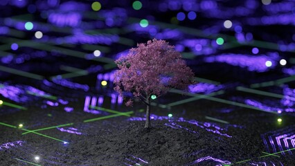 A lone tree stands amidst glowing purple digital lines on a dark surface, symbolizing nature meets technology.