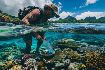Researcher Collecting Plastic Waste in Tropical Waters