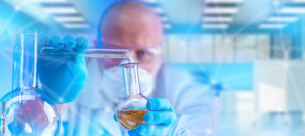 Poster man is chemist. scientist with test tubes. flasks in hands of laboratory assistant. chemist mixes re