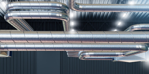 Ventilation pipes under roof. Ceiling industrial building. Air-conditioning ducts. Steel pipes. Pipeline over industrial workshop. Engineering technical communications. Ventilation system. 3d image