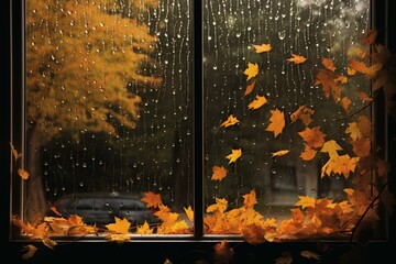 Dreary Rainy window autumn. Rain season of drop fall glass. Generate Ai