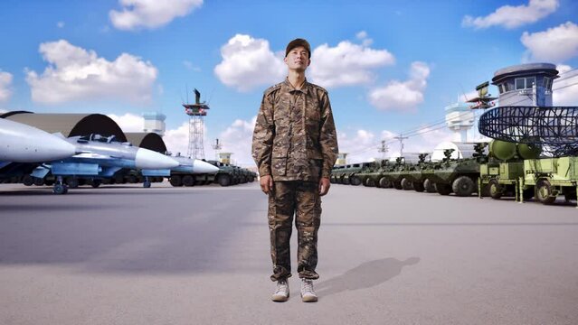 Full Body Of Asian Man Soldier Looking Around While Standing At Military Camp