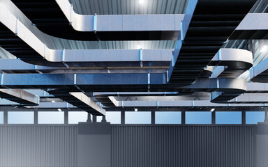 Ventilation ducts under ceiling. Pipes for air purification. Ventilation in industrial building....