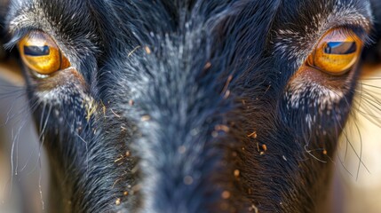 Precise close-up of a goat's expressive eyes gazing thoughtfully, conveying the intelligence and curiosity innate in farm animals. - obrazy, fototapety, plakaty