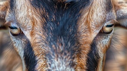 Captivating close-up of a goat's contemplative eyes, reflecting the innate curiosity and intelligence of farm animals. - obrazy, fototapety, plakaty