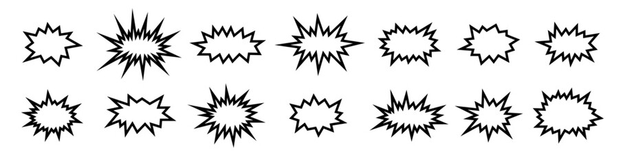 Naklejka premium comic blast bomb bang boom burst explosion set graphic design pop art illustration retro vintage fun action blow effect decorative bubble dialog message sign frame explode outline cartoon