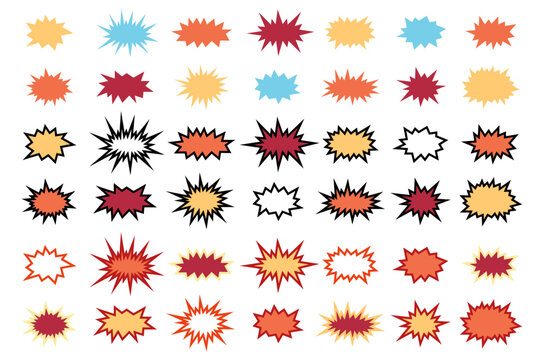 comic blast bomb bang boom burst explosion set graphic design pop art illustration retro vintage fun action blow effect decorative bubble dialog message sign frame explode outline cartoon
