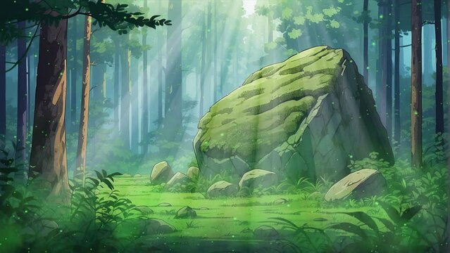 Tranquil 4k video footage loop capturing the serene beauty of a massive mossy rock surrounded by verdant foliage in a forest.