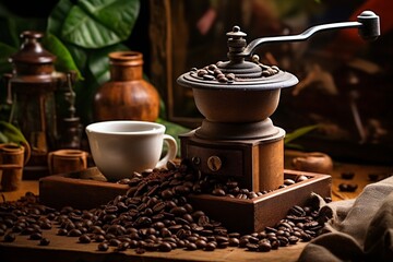 An ancient coffee mill stands on the table, scattered coffee beans, a cup next to it, wooden dishes, greens - 772207212