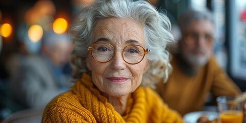 In a stylish portrait, an elegant and attractive grandmother enjoys lunch with friends at a restaurant. - obrazy, fototapety, plakaty